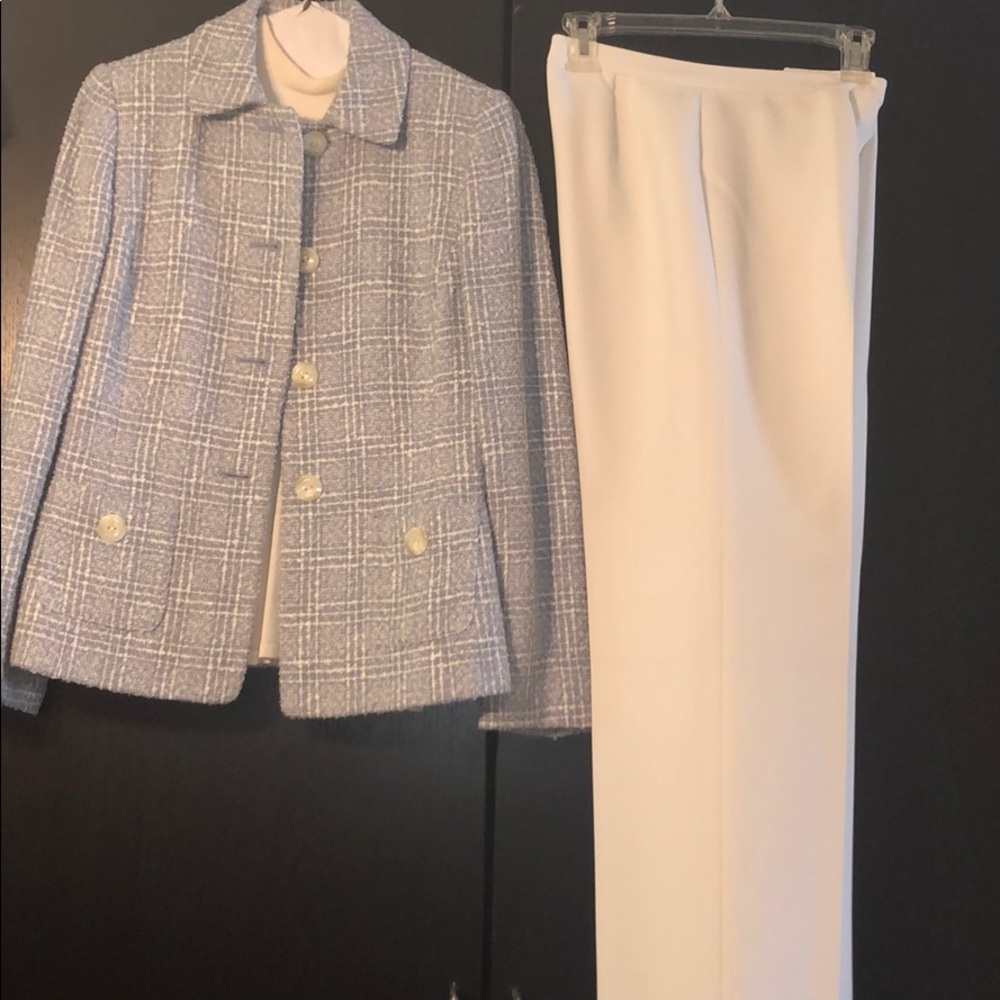 Checkered baby blue and white jacket w/white pants